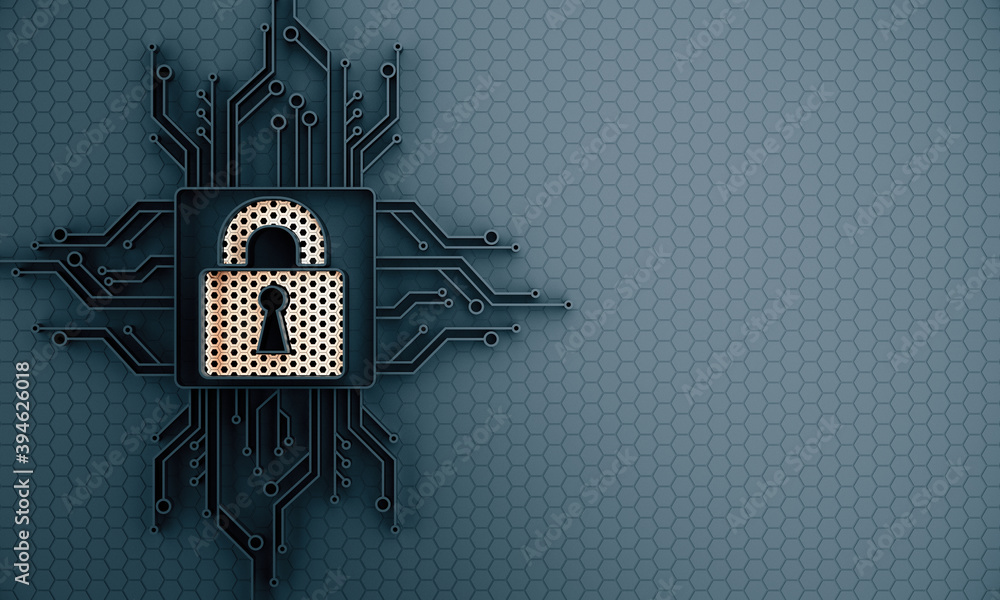 Fototapete symbol of a closed lock with a microcircuit and a place for your logo, mockup. 3d rendering