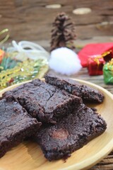 Christmas decorations and chocolate brownies cake
