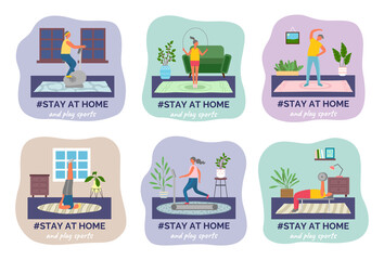 Quarantine self-isolation, stay at home and play sports, people doing sport exercises, healthy lifestyle, prevention of covid-19 or coronavirus, virus outbreak, leisure during world epidemic