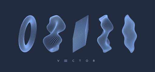 Crystal, wave and ring consisting of small particles. Objects with dots. Molecular grid. 3d vector illustration. Futuristic connection structure for education and science.