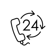 Servicio 24 horas. Icono plano auricular de teléfono con 24 y flechas girando con lineas en color negro
