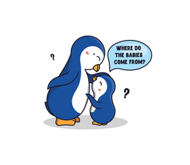 The Family penguins a talking to each other. Cartoonish animals with a cloud phrase
