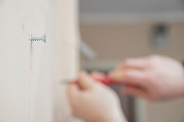 Worker manually tightening an artwork hang screw into a drilled hole in white wall with screwdriver, renovating, decorating and improving home