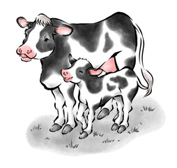 牛の親子の墨絵イラスト　年賀素材　2021　丑年　ベクター