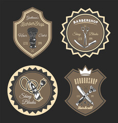 Shaving brush, scissors, razor, electric clipper, shaving machine. Barber tools set. Lettering Shiny Blades, ESTD 1994, Hair Cuts. Barbershop. Vintage icons of different shapes isolated on black