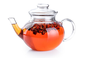 Rosehip tea in a transparent teapot isolated on white background.