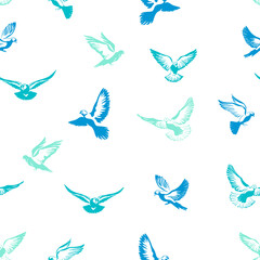 Fototapeta na wymiar Doves flying seamless pattern. Coloring blue tones.