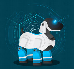 Futuristic robotic dog with glowing blue eyes at abstract circles, lines background. Artificial intelligence, innovative model of domestic pet. Realistic android dog, electronic creature. Vector icon