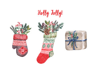 Watercolor hand painted Christmas symbols set. Knitted mitten and sock with pine tree branches, winter greenery and berries, holiday wrapped gift, isolated on white background. Rustic style.