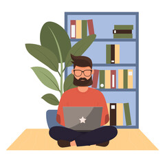 Man working remotely from home. Vector illustration.
