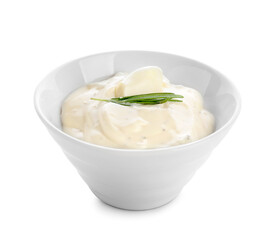 Bowl with tasty sauce on white background