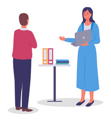 Man stands, back view, woman in long dress with document folders in her hands, round table with folders, papers. Employees, colleagues or office staff. Communicate and work. Flat vector image