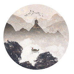 Chinese ink landscape painting with artistic conception of Chinese style