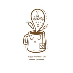Valentine's day vector card with cute cartoon cup and tea. Cheerful couple in love. Holiday doodle print with mug. Anthropomorphic character in the form of dishes.