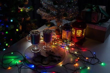 Composition for Christmas night. Cocoa and gingerbread for santa claus