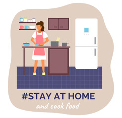 Stay at home and cook food. Quarantine self-isolation at home. Prevention of covid-19 or coronavirus. Virus outbreak. Woman preparing dish at kitchen, cutting salad, spaghetti in pan. Culinary hobby