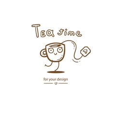 Сard with cute cartoon mug and tea. Funny drink print. Anthropomorphic tableware poster. Vector doodle illustration. Cheerful hand drawn сup.