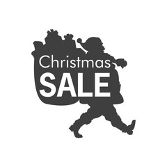 Rebajas de Navidad. Logotipo con texto Christmas Sale en silueta Papá Noel con bolsa de regalos en color gris