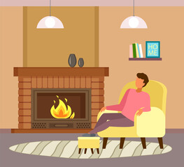 Man sitting at armchair near fireplace and relaxing. Guy enjoy leisure time, like spend time at home. Cartoon character enjoy of fire flames. Man dreaming or sleeping. Indoor recreation at home