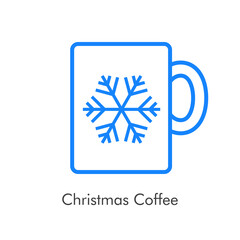 Tiempo de navidad. Logotipo con taza de café con copo de nieve con lineas color azul