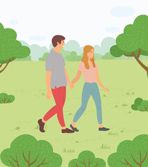 Teenagers or young people are walking in the park holding hands. Date on the fresh air. Recreation and Sports. Vector dating couple in love, male and female characters spend time together. Greenery