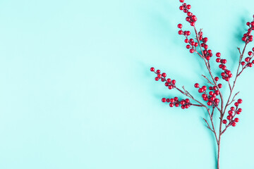 Christmas composition. Red berries on blue background. Christmas, winter, new year concept. Flat lay, top view