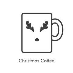 Tiempo de navidad. Logotipo con taza de café con nariz y astas de rena Rodolfo en lineas de color gris