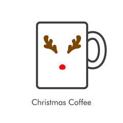 Tiempo de navidad. Logotipo con taza de café con nariz y astas de rena Rodolfo en lineas de varios colores