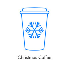 Tiempo de navidad. Vaso de café. Logotipo con vaso de plastico con tapa con copo de nieve con lineas color azul