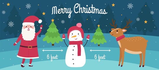 coronavirus and social distancing infographic with cute Christmas cartoon characters. Santa Claus, Snowman and reindeer 6 feet apart. Snow dark forest behind them. Vector illustration.