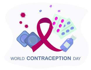 Fototapeta premium World Contraception Day.Pills or Tablets in Blister Packs.Oral Contraception and Condom.HIV Test. Red Ribbon as a Symbol of World AIDS Day.World AIDS Day Awareness.Flat Vector Illustration