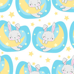 Hand drawn cute rabbit on the moon pattern seamless. Print design for baby pajamas, textiles. illustration.