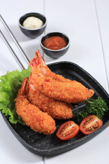Tempura Shrimp/Prawn, Japanese Traditional Cuisine made from Deep Fried Shrimp  Coated with Bread Crumb or Panko, Usually Find as Bento Lunch Menu. On White Wooden Background