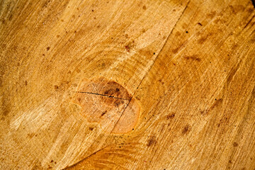 Naklejka premium Close up view of wood core. Sawn mature tree section with cracks and rings that tell it's age. Natural organic texture with cracked and rough surface. color