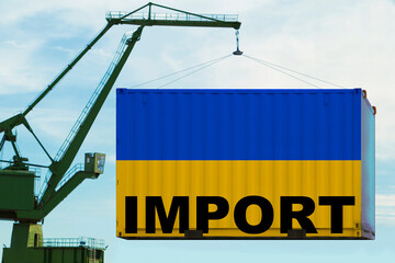 port crane holds a container with the flag of Ukraine, the concept of international trade, shipping, distribution of goods in a global business