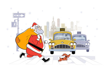 Cartoon illustration of Santa Claus in New York City with bag of gifts and small dog. Sketch illustration - 394635000
