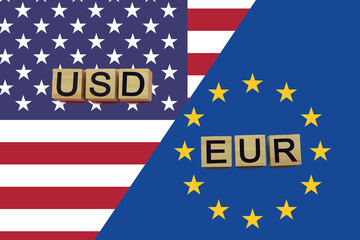 American and european currencies codes on national flags background