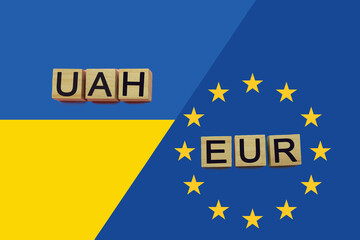 European and ukrainian currencies codes on national flags background