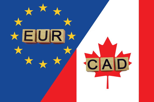 European and canadian currencies codes on national flags background
