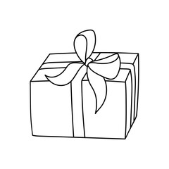 Gift box doodle icon with ribbon and bow. Present outline sketch. Christmas, Surprise, Birthday package. Vector illustration.
