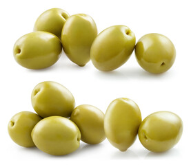 Delicious green olives set, isolated on white background