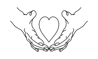 Heart in hands. Outline sketch. Care, love, support symbol. Vector illustration.