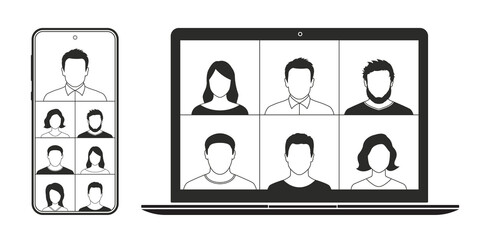 Video conference. Online meeting, learning or webinar. Video call. Group of people on a mobile phone and computer or laptop screen. Virtual business communication. Vector illustration.