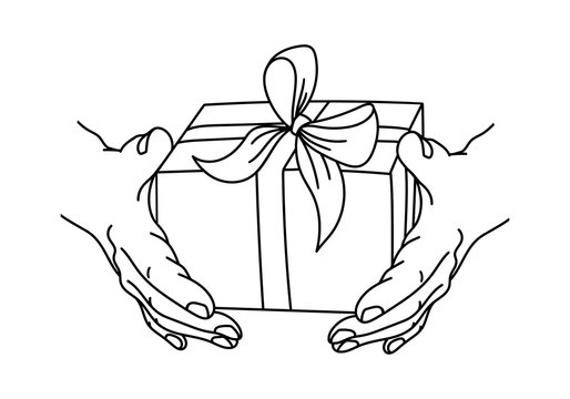Gift box in hands. Hand drawn hands holding giftbox with ribbon and bow. Present outline sketch. Christmas, Surprise, Birthday package. Receiving concept. Vector illustration.