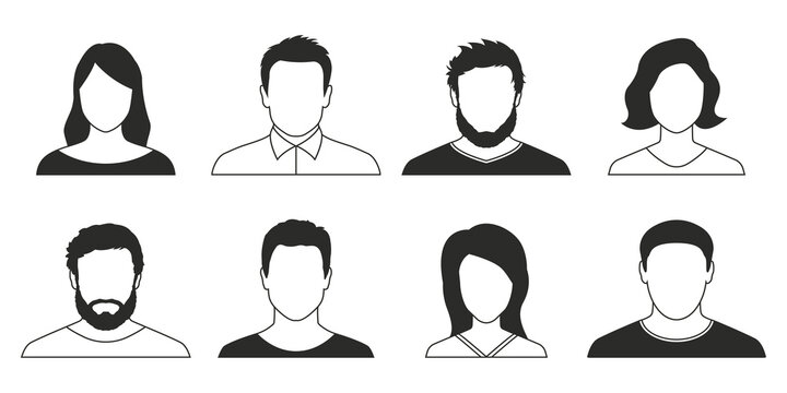 People user avatar outline icon. Man and woman face, head collection. Male and female character. Anonymous persons. Vector illustration.
