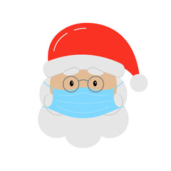 Santa Claus icon in medical mask. Santa's face with beard and hat in surgical mask for Christmas design. Vector illustration.