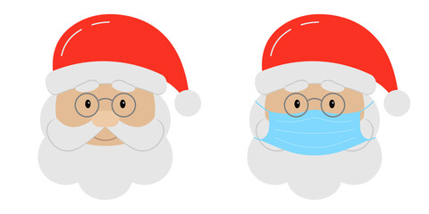 Santa Claus icon in medical mask. Santa's face with beard and hat in surgical mask for Christmas design. Vector illustration.
