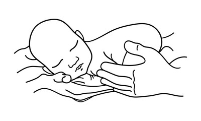 Sleeping baby. Hands holding newborn baby. Child care symbol. Vector illustration.