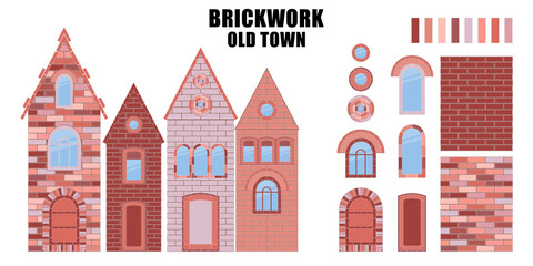 Set: Brickwork. Items and construction details made of bricks. Can be used for social media, posters, email, print, ads designs.