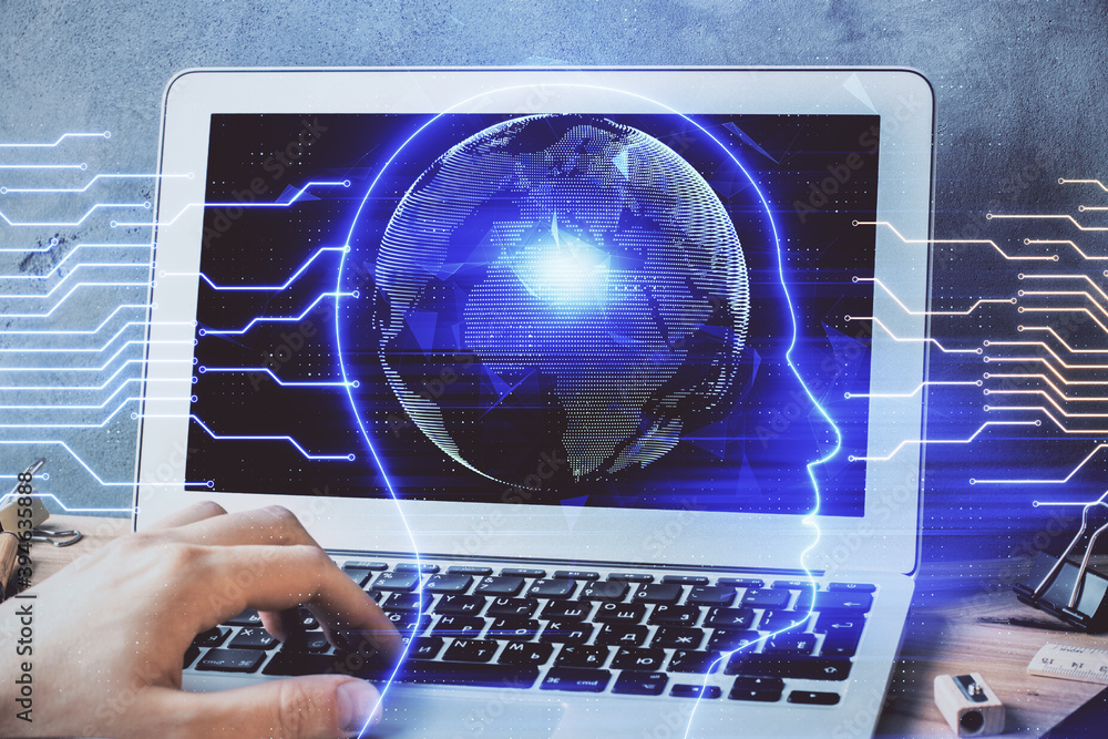 Aufkleber Businessman with computer background with brain theme hologram. Concept of brainstorm. Multi exposure.